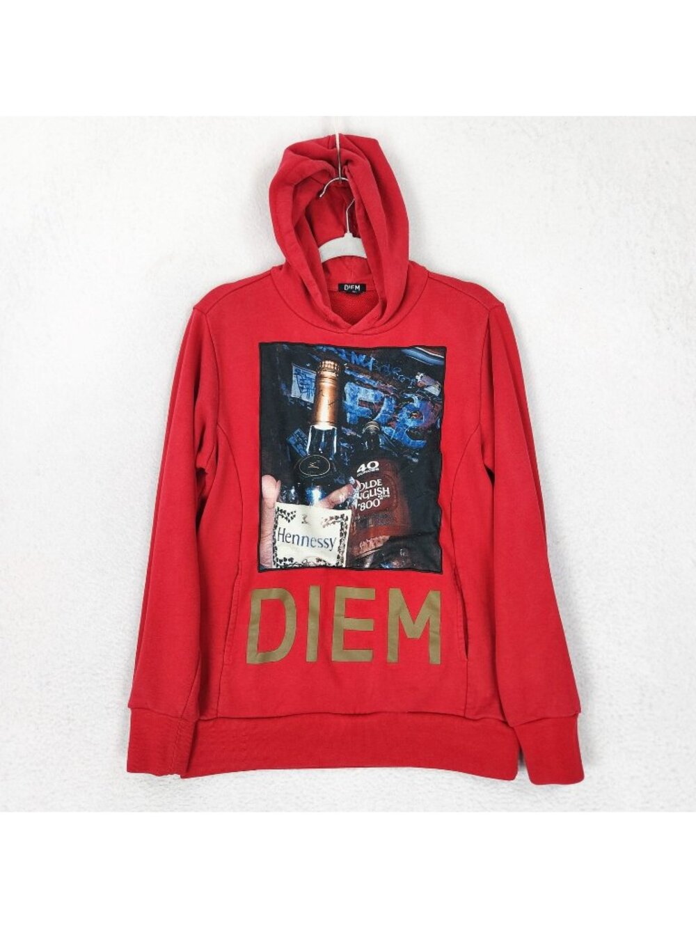DIEM Hoodie Mens Small Red Hennessy Graphic Fleece Pullover Sweater Sweatshirt